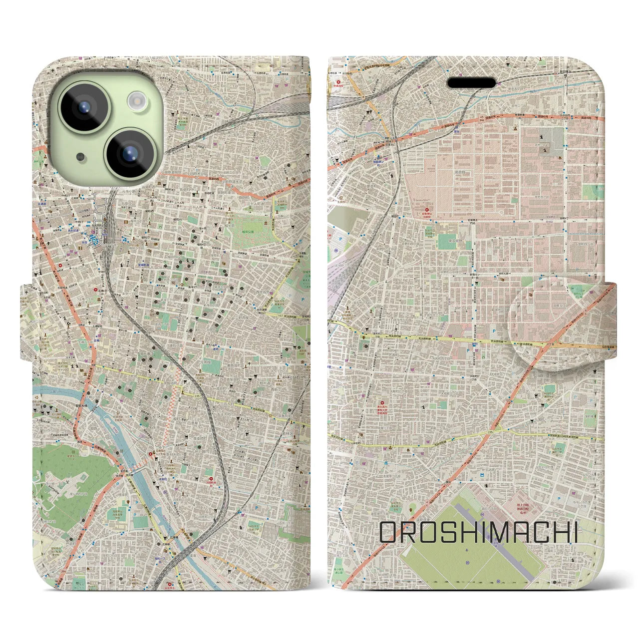 【卸町】地図柄iPhoneケース（手帳両面タイプ・ナチュラル）iPhone 15 用