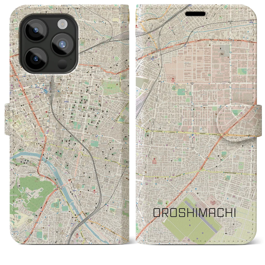 【卸町】地図柄iPhoneケース（手帳両面タイプ・ナチュラル）iPhone 15 Pro Max 用