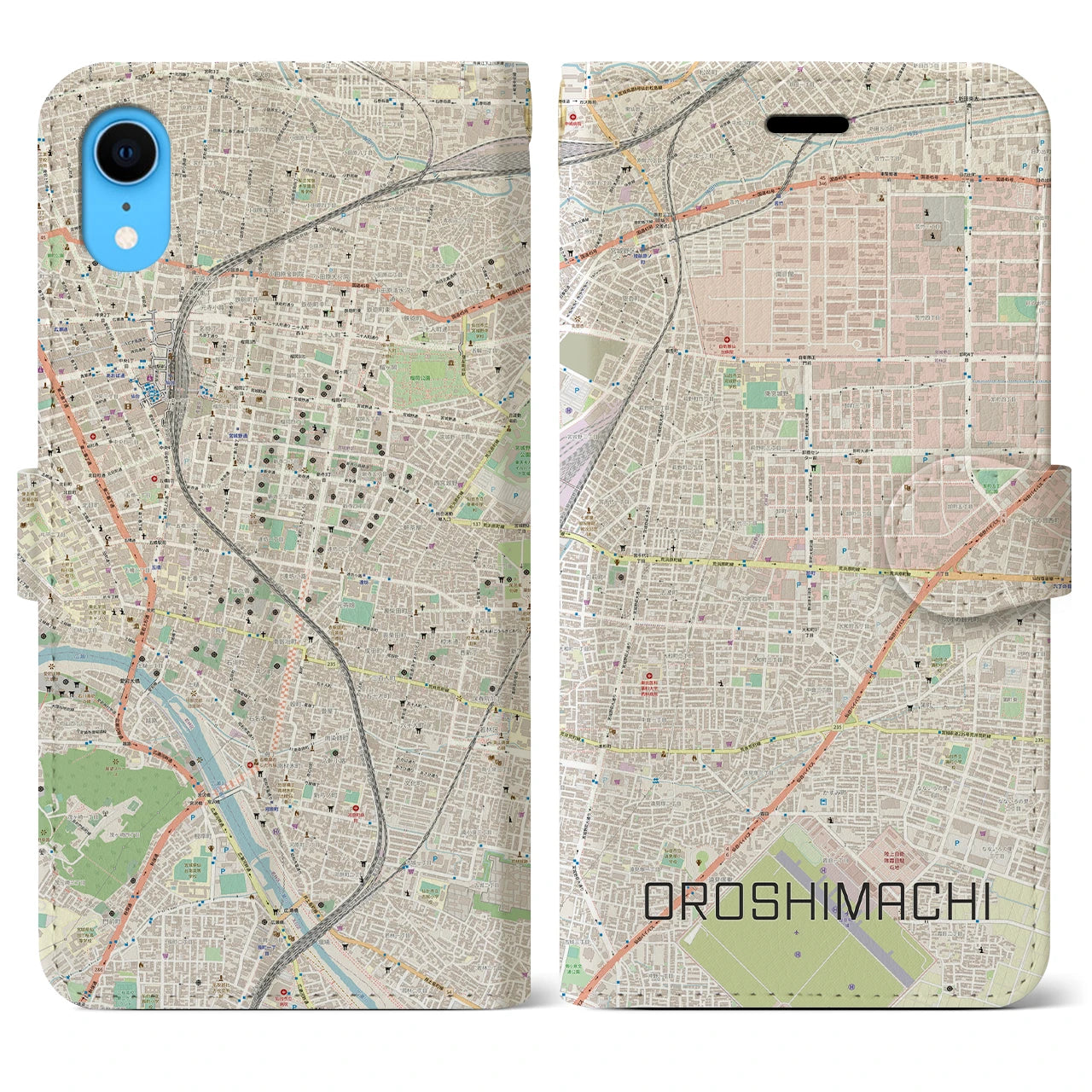 【卸町】地図柄iPhoneケース（手帳両面タイプ・ナチュラル）iPhone XR 用