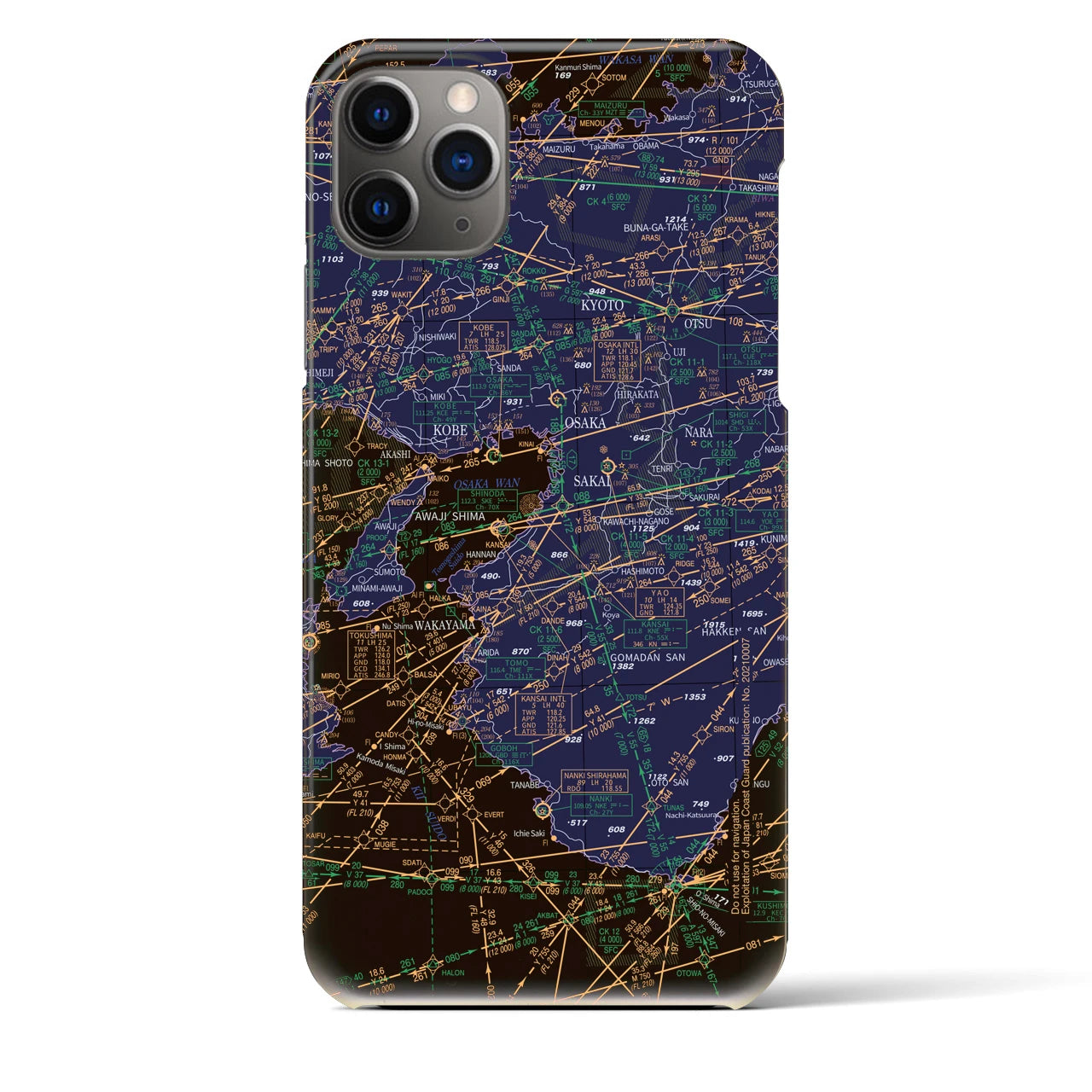 【大阪航空図】地図柄iPhoneケース（バックカバータイプ・ナイトフライト）iPhone 11 Pro Max 用