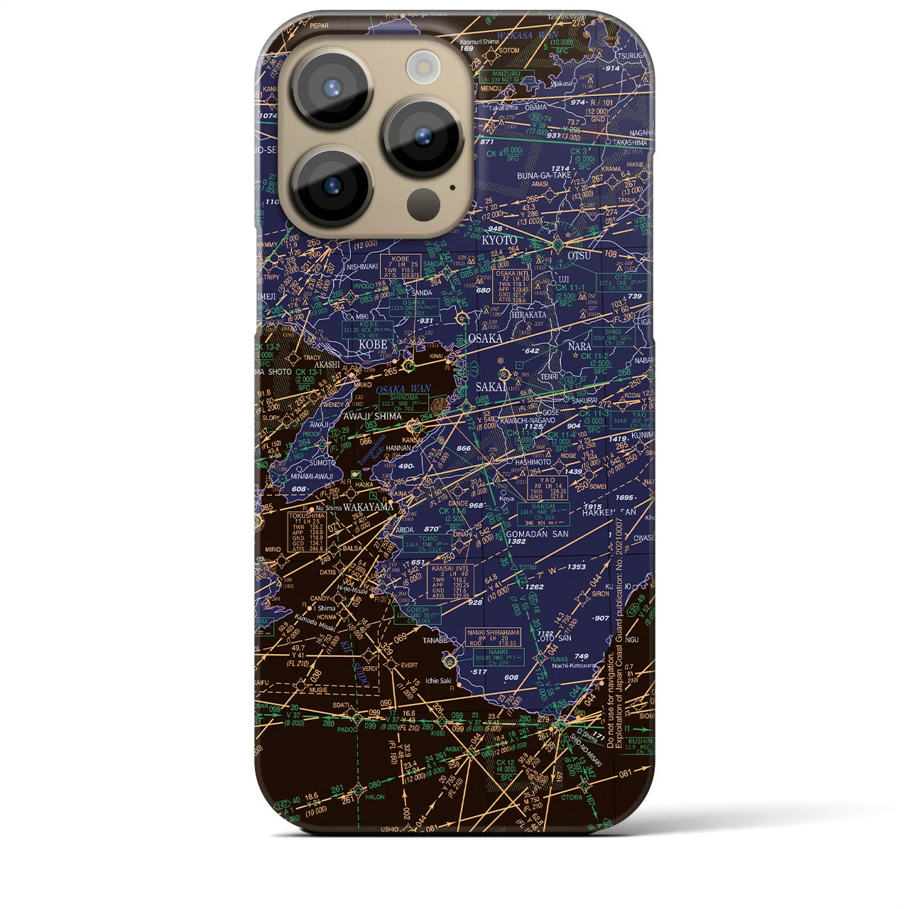 【大阪航空図】地図柄iPhoneケース（バックカバータイプ・ナイトフライト）iPhone 14 Pro Max 用