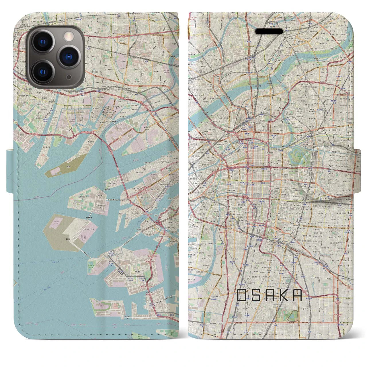 【大阪】地図柄iPhoneケース（手帳両面タイプ・ナチュラル）iPhone 11 Pro Max 用