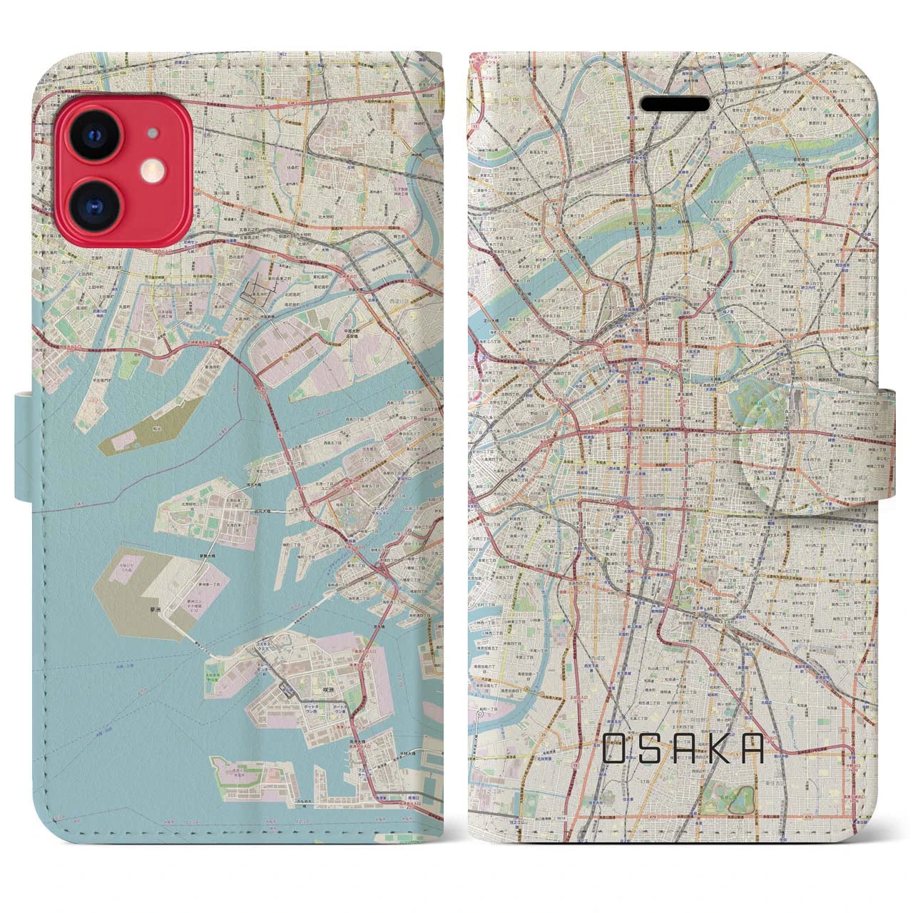 【大阪】地図柄iPhoneケース（手帳両面タイプ・ナチュラル）iPhone 11 用