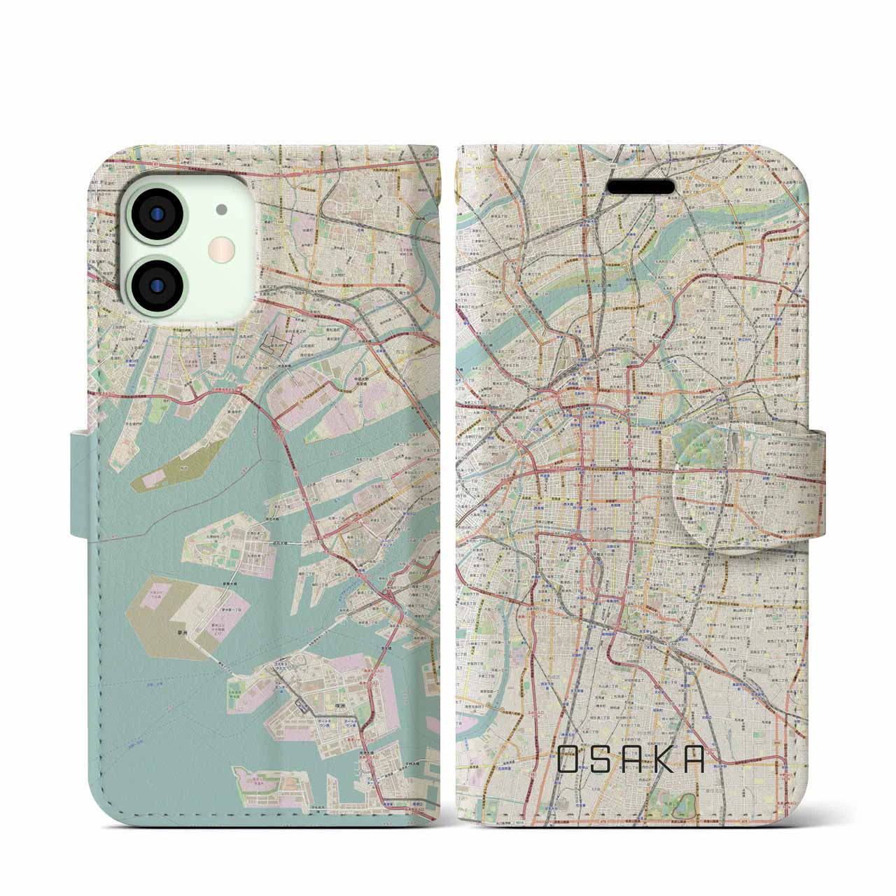 【大阪】地図柄iPhoneケース（手帳両面タイプ・ナチュラル）iPhone 12 mini 用