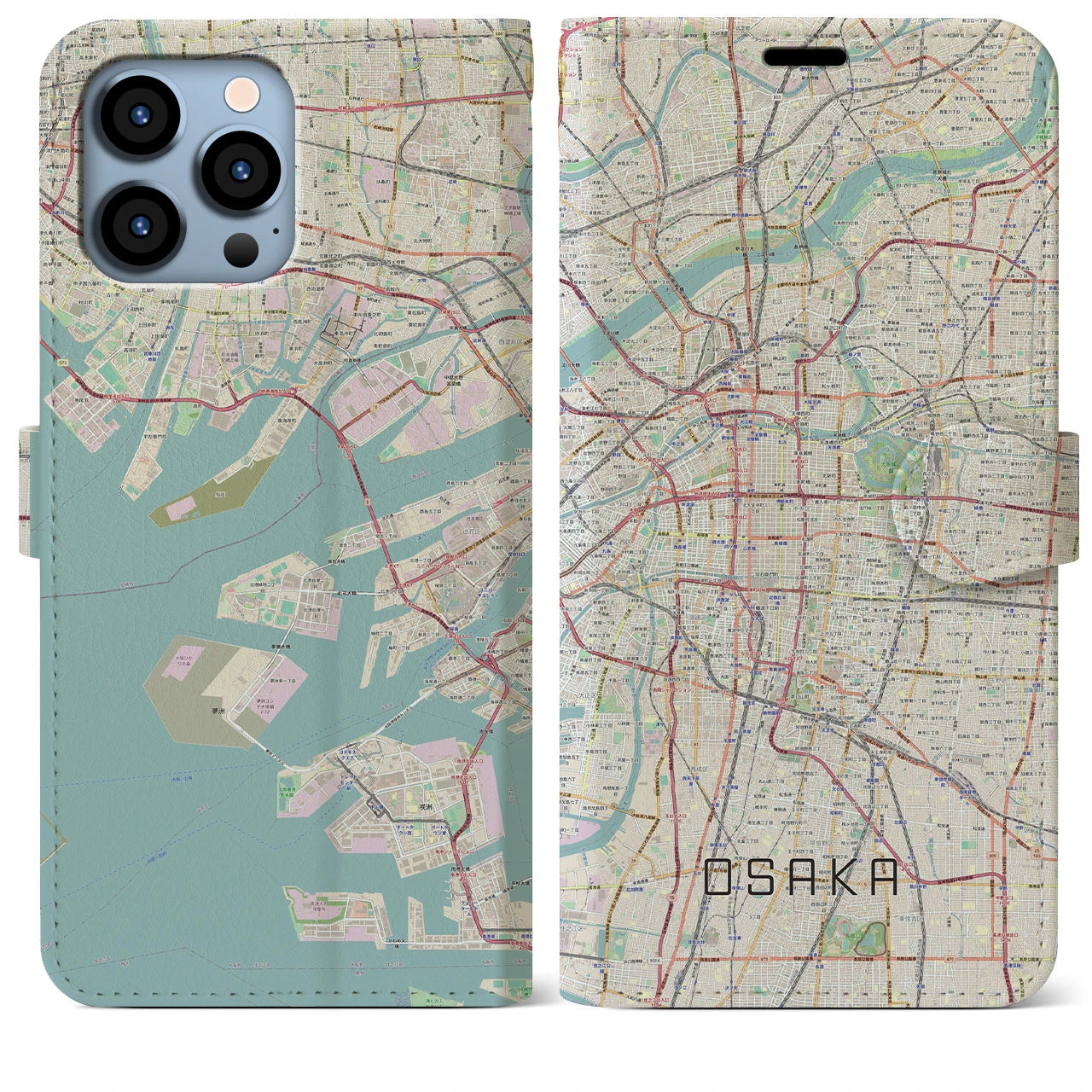 【大阪】地図柄iPhoneケース（手帳両面タイプ・ナチュラル）iPhone 13 Pro Max 用