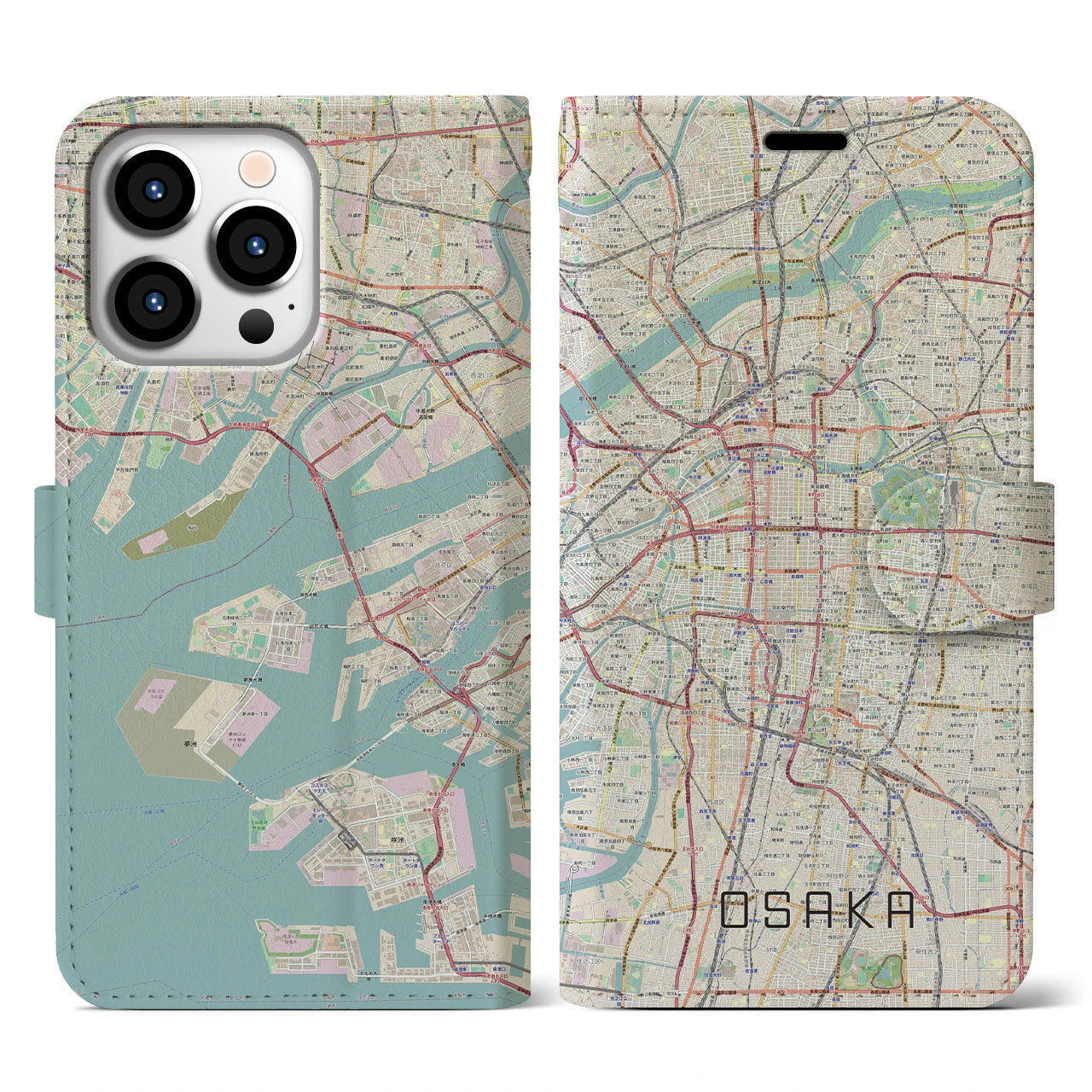 【大阪】地図柄iPhoneケース（手帳両面タイプ・ナチュラル）iPhone 13 Pro 用