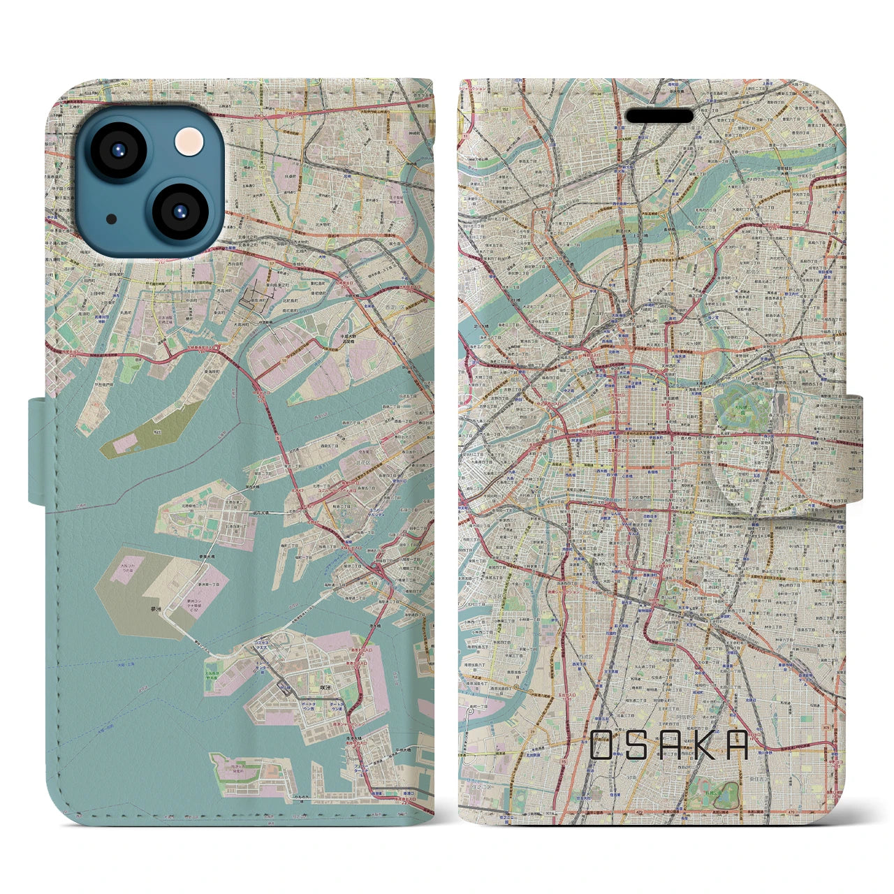 【大阪】地図柄iPhoneケース（手帳両面タイプ・ナチュラル）iPhone 13 用
