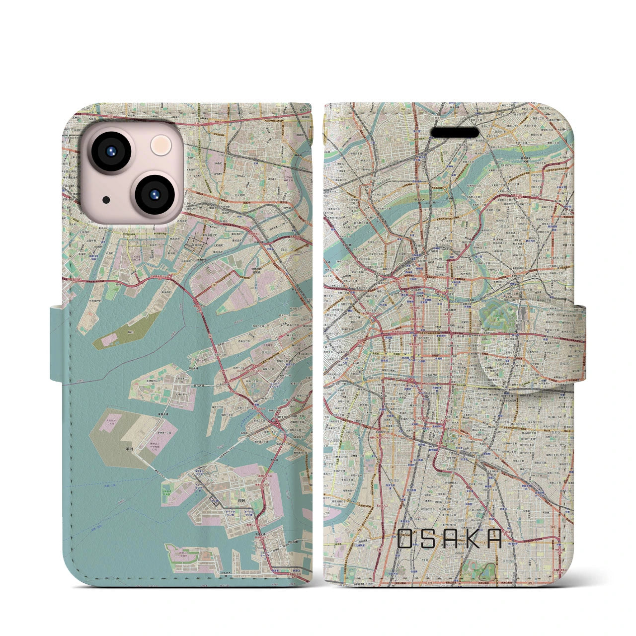 【大阪】地図柄iPhoneケース（手帳両面タイプ・ナチュラル）iPhone 13 mini 用
