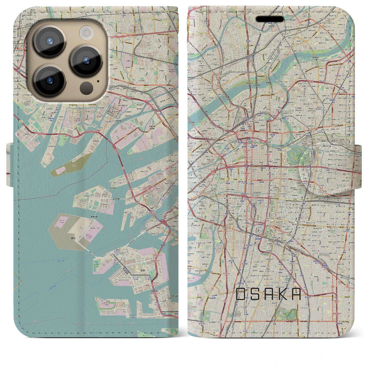 【大阪】地図柄iPhoneケース（手帳両面タイプ・ナチュラル）iPhone 14 Pro Max 用