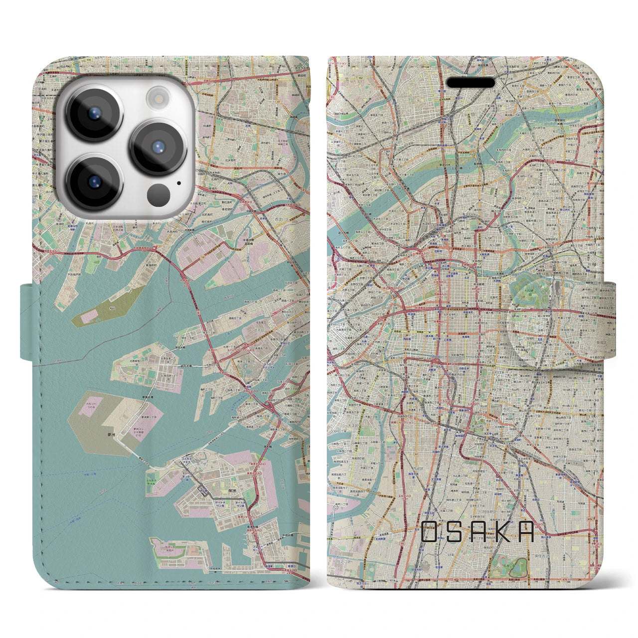 【大阪】地図柄iPhoneケース（手帳両面タイプ・ナチュラル）iPhone 14 Pro 用