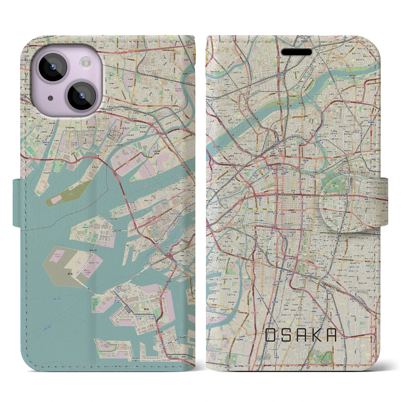 【大阪】地図柄iPhoneケース（手帳両面タイプ・ナチュラル）iPhone 14 用
