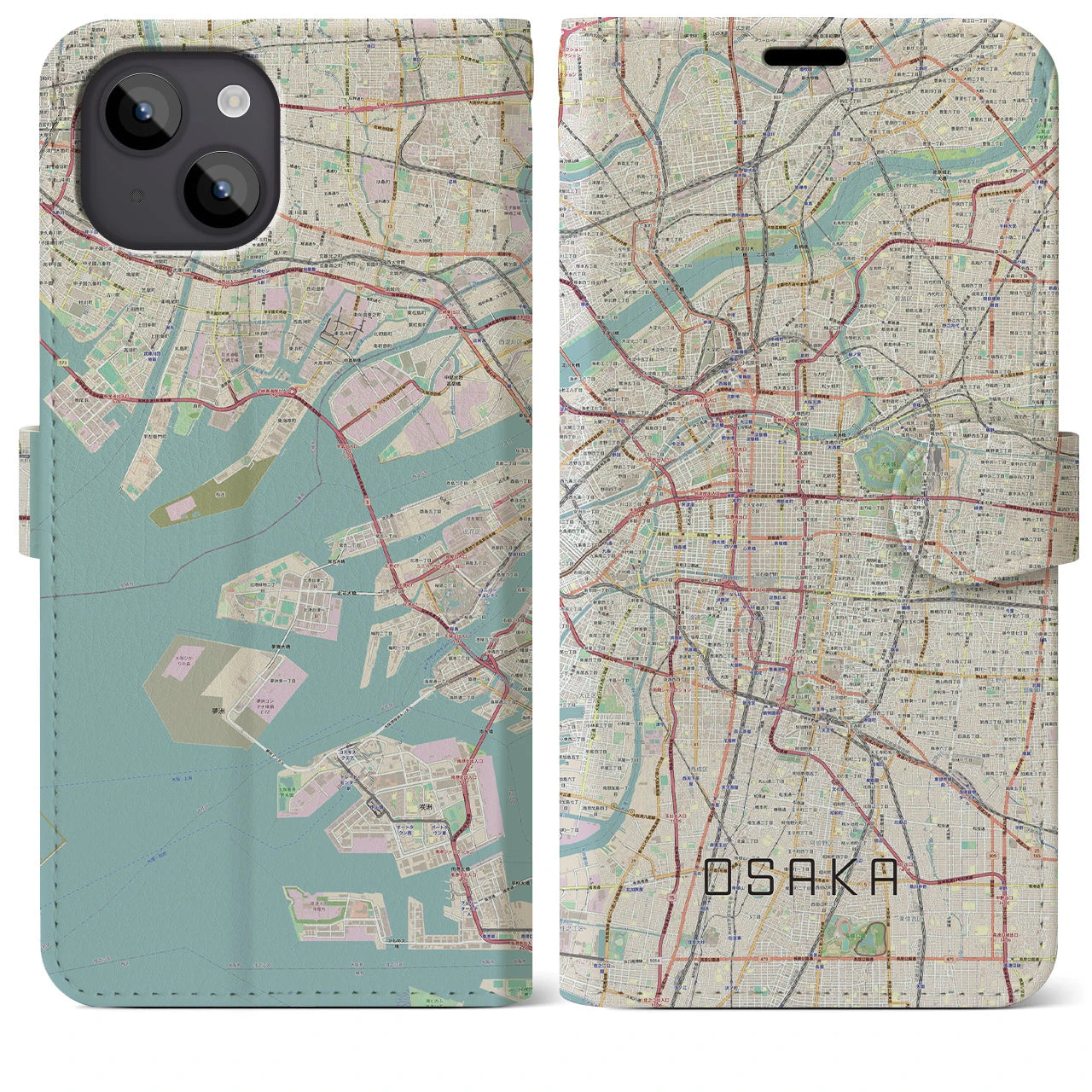 【大阪】地図柄iPhoneケース（手帳両面タイプ・ナチュラル）iPhone 14 Plus 用