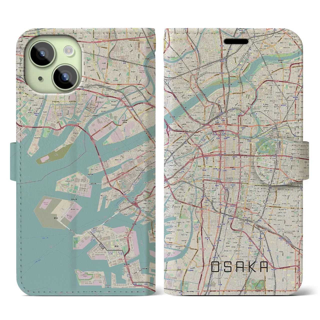 【大阪】地図柄iPhoneケース（手帳両面タイプ・ナチュラル）iPhone 15 用