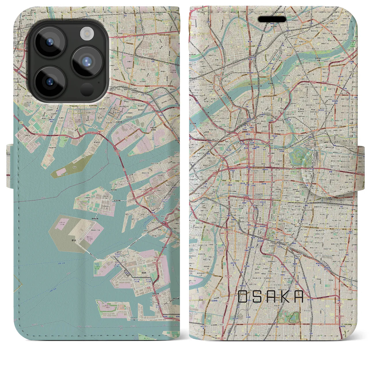 【大阪】地図柄iPhoneケース（手帳両面タイプ・ナチュラル）iPhone 15 Pro Max 用