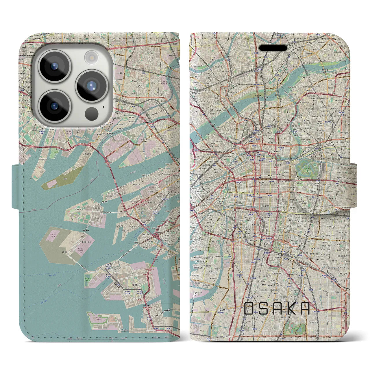 【大阪】地図柄iPhoneケース（手帳両面タイプ・ナチュラル）iPhone 15 Pro 用