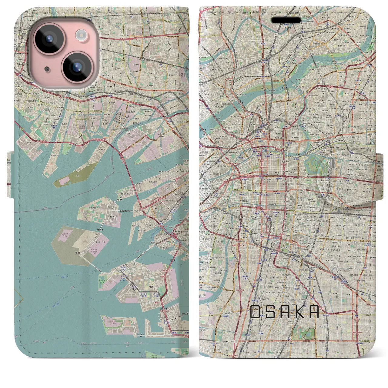 【大阪】地図柄iPhoneケース（手帳両面タイプ・ナチュラル）iPhone 15 Plus 用