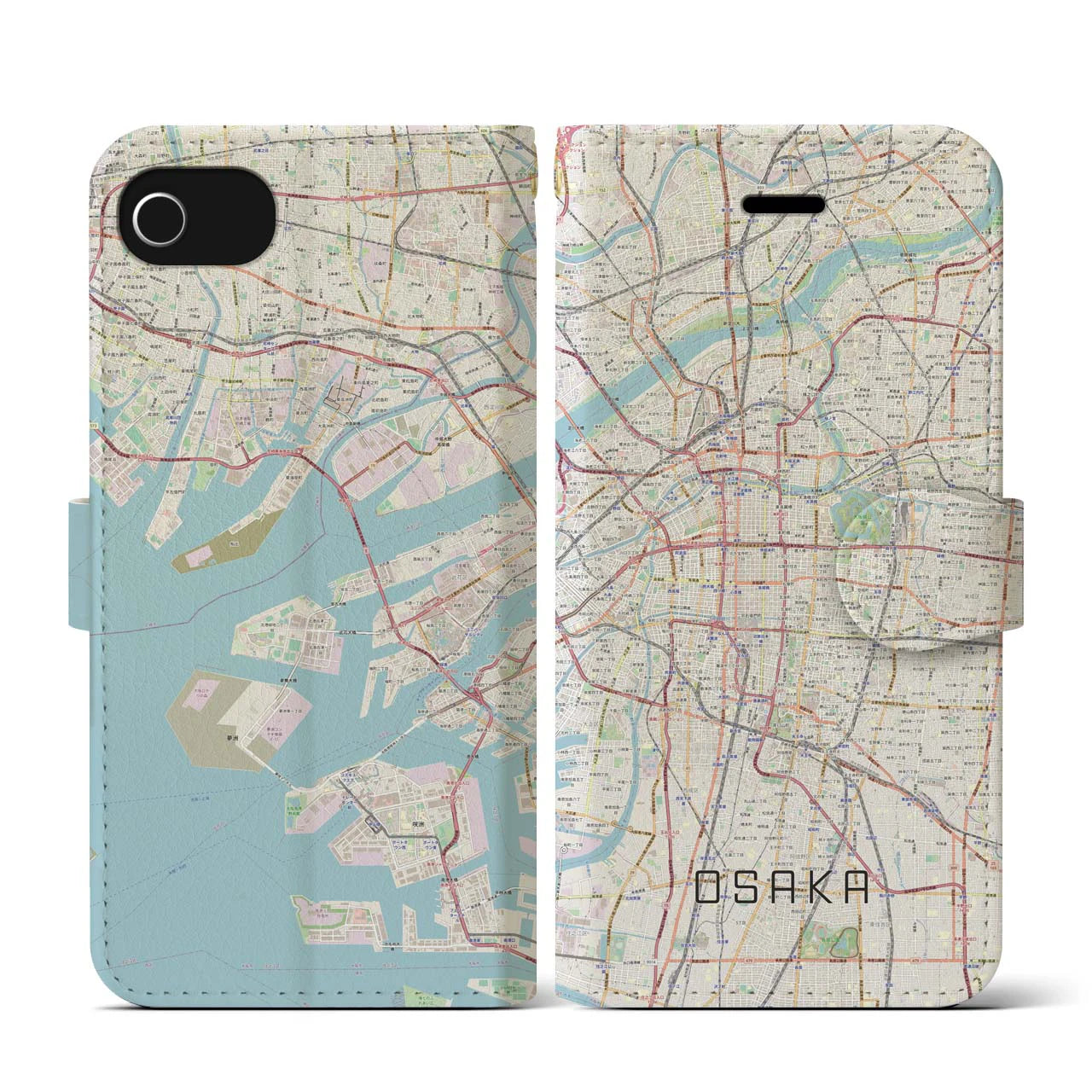 【大阪】地図柄iPhoneケース（手帳両面タイプ・ナチュラル）iPhone SE（第3 / 第2世代） / 8 / 7 / 6s / 6 用
