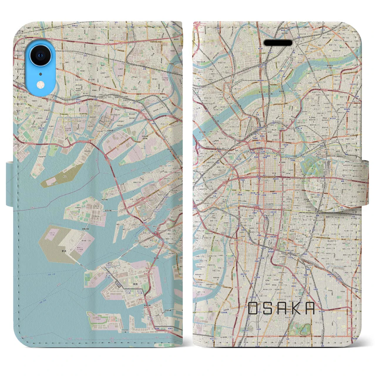 【大阪】地図柄iPhoneケース（手帳両面タイプ・ナチュラル）iPhone XR 用