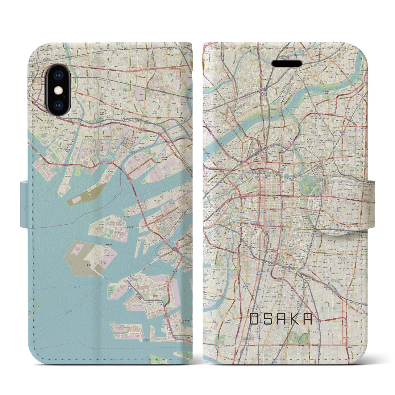 【大阪】地図柄iPhoneケース（手帳両面タイプ・ナチュラル）iPhone XS / X 用