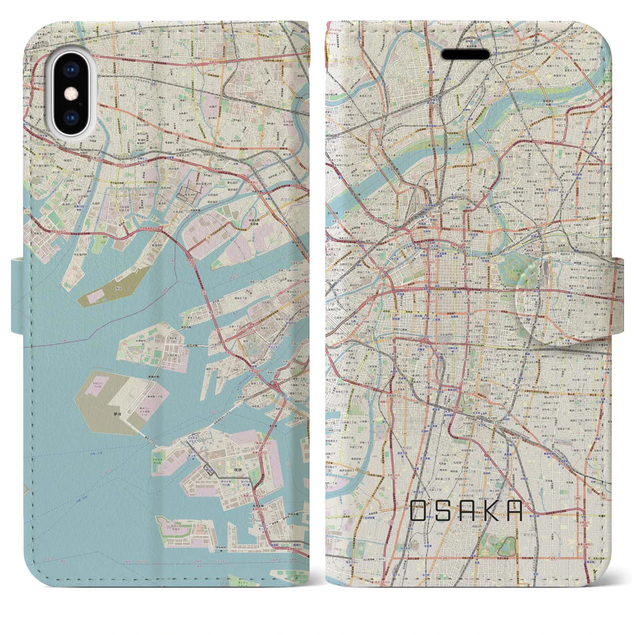 【大阪】地図柄iPhoneケース（手帳両面タイプ・ナチュラル）iPhone XS Max 用