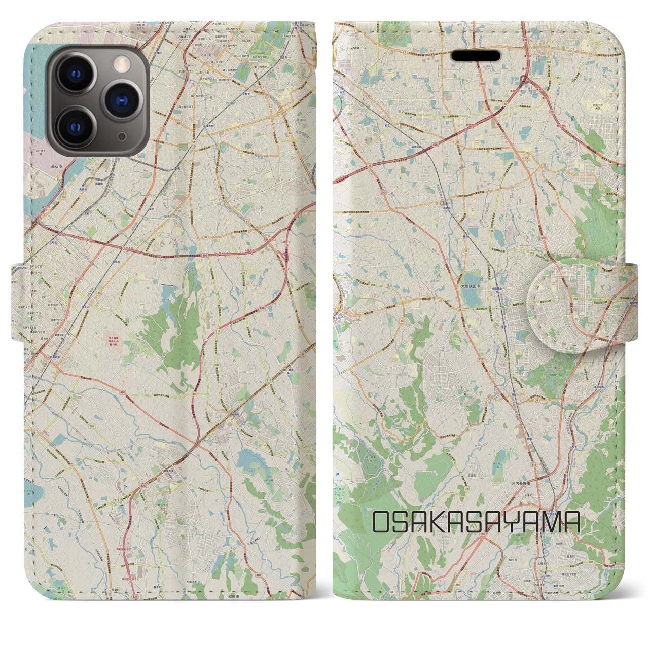 【大阪狭山】地図柄iPhoneケース（手帳両面タイプ・ナチュラル）iPhone 11 Pro Max 用