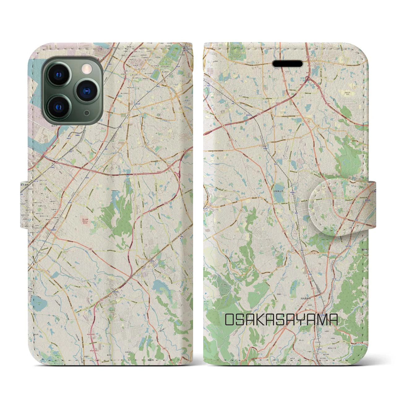 【大阪狭山】地図柄iPhoneケース（手帳両面タイプ・ナチュラル）iPhone 11 Pro 用