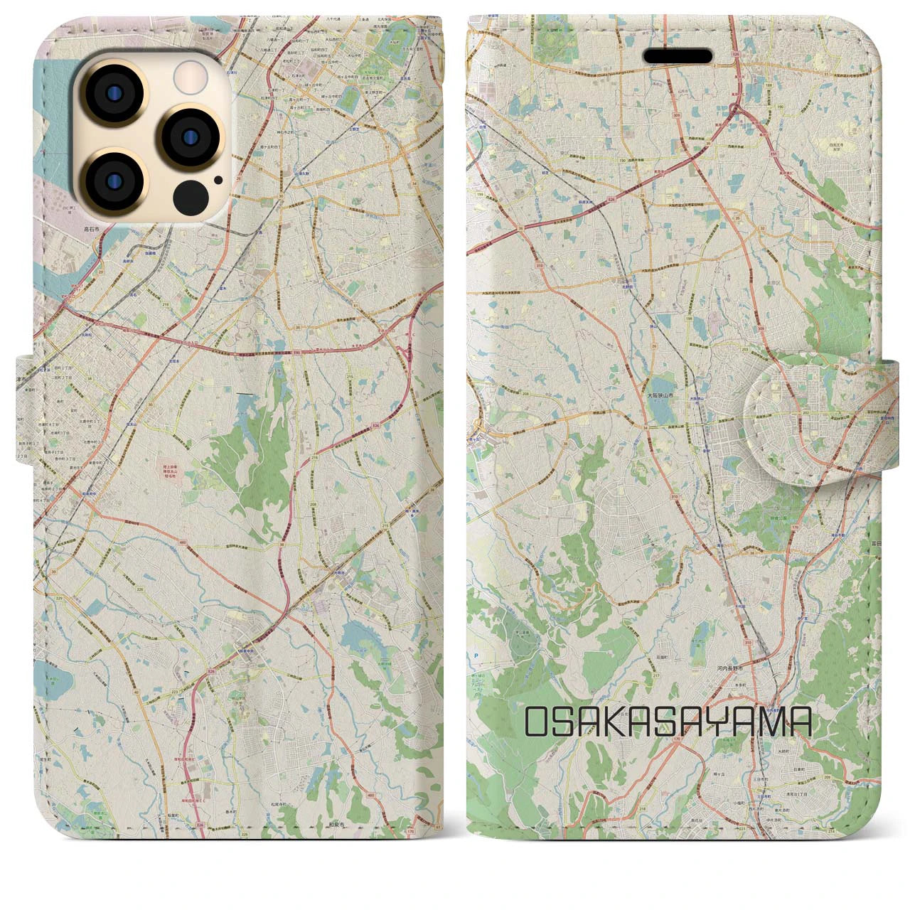 【大阪狭山】地図柄iPhoneケース（手帳両面タイプ・ナチュラル）iPhone 12 Pro Max 用