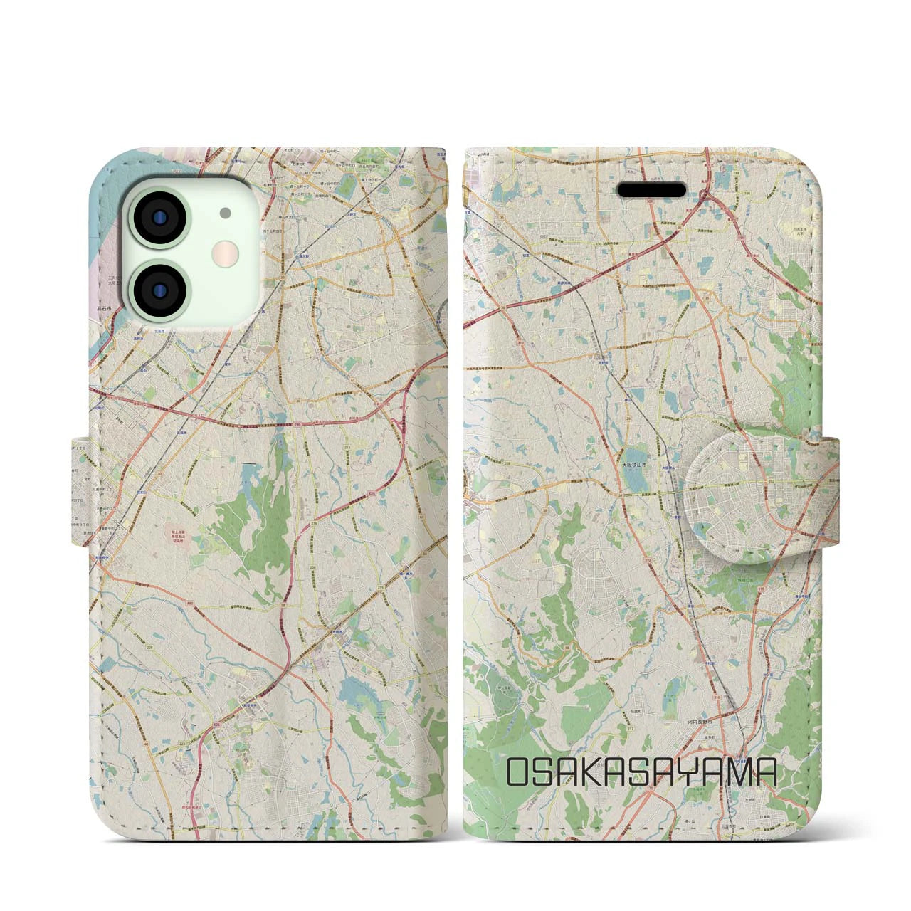 【大阪狭山】地図柄iPhoneケース（手帳両面タイプ・ナチュラル）iPhone 12 mini 用