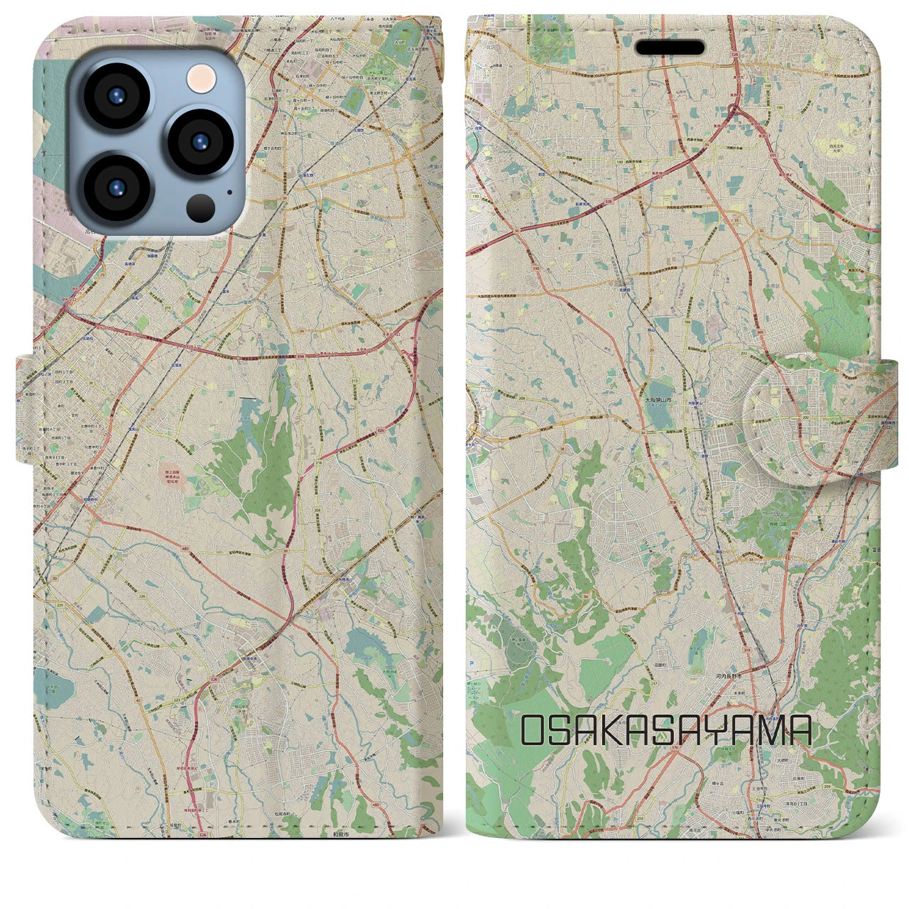 【大阪狭山】地図柄iPhoneケース（手帳両面タイプ・ナチュラル）iPhone 13 Pro Max 用