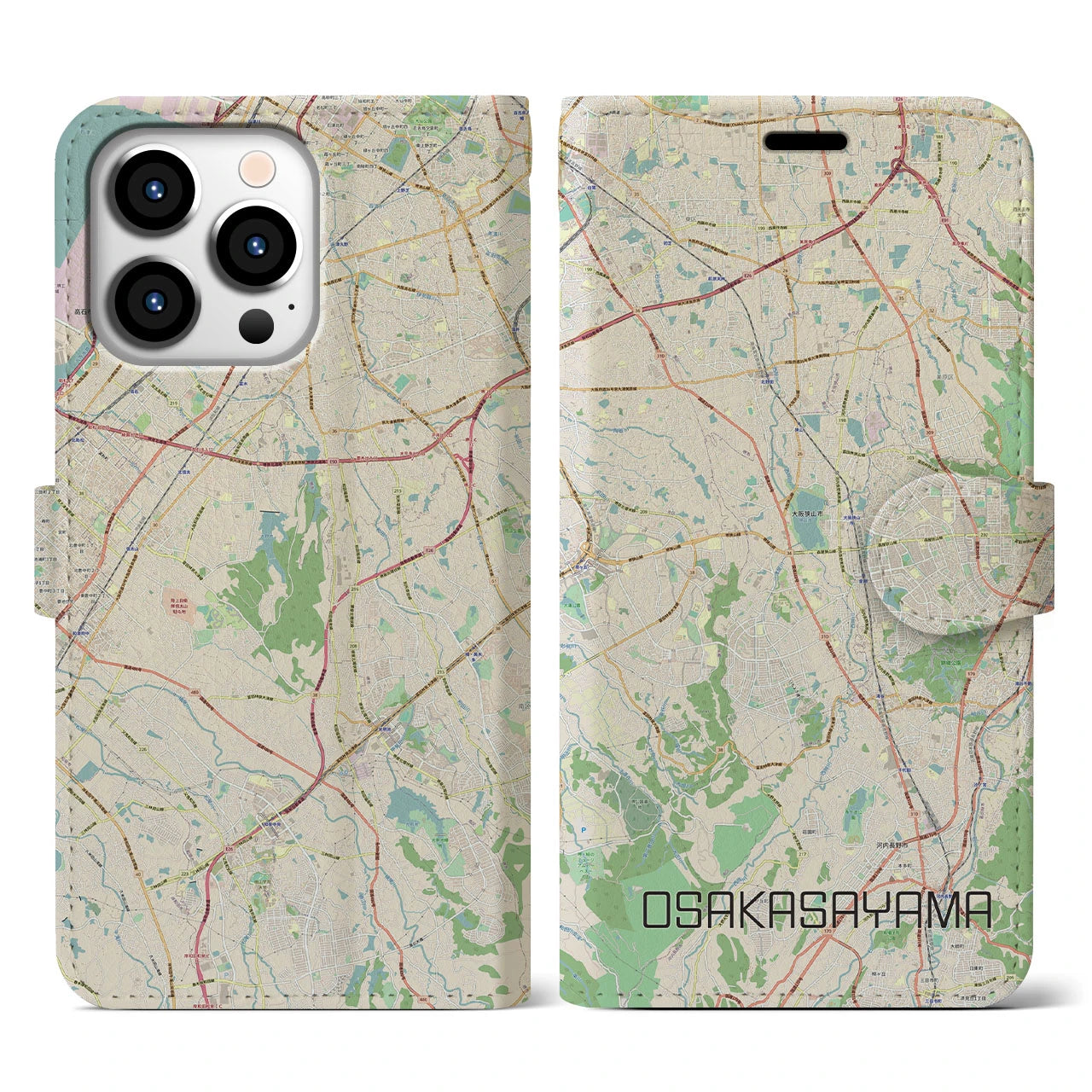 【大阪狭山】地図柄iPhoneケース（手帳両面タイプ・ナチュラル）iPhone 13 Pro 用