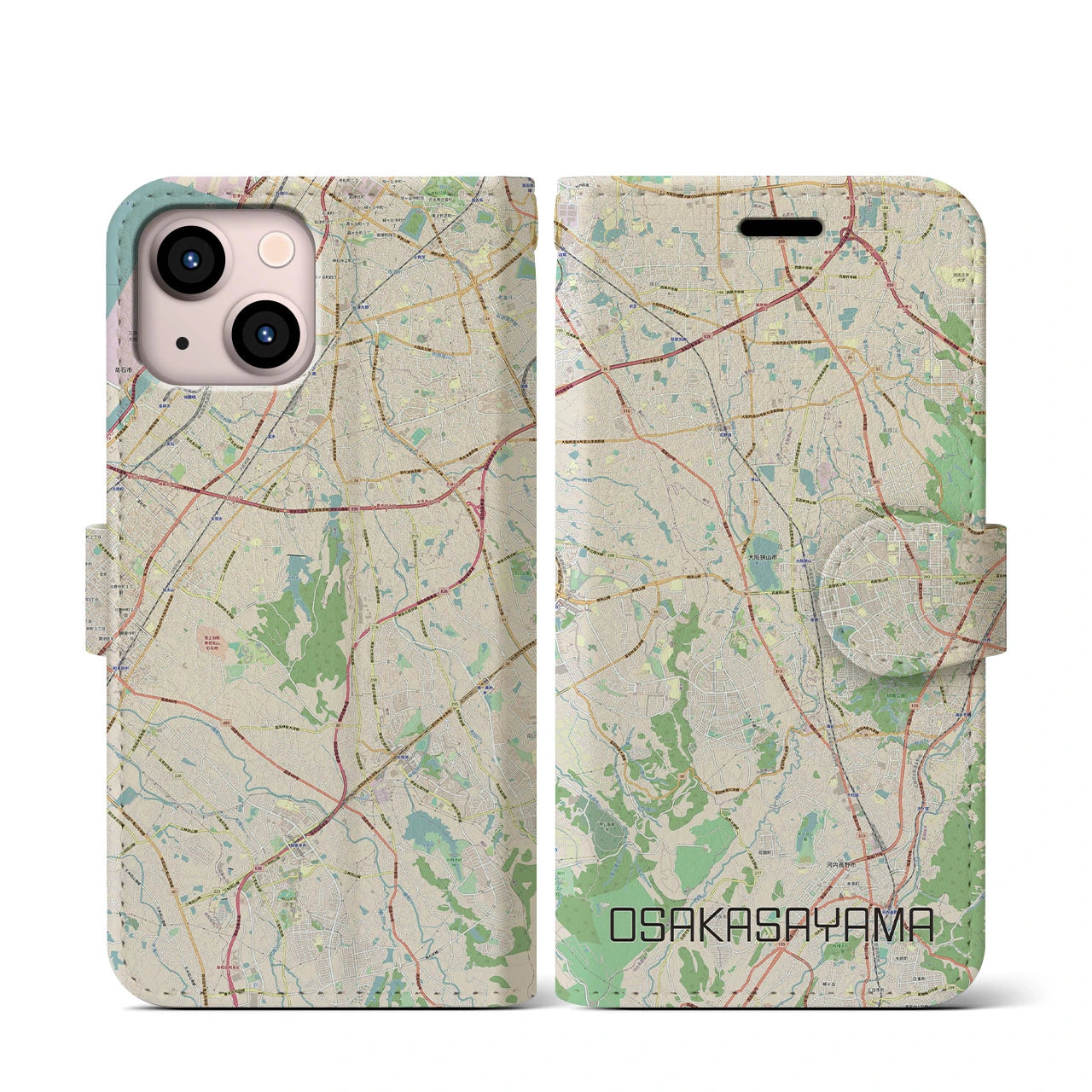 【大阪狭山】地図柄iPhoneケース（手帳両面タイプ・ナチュラル）iPhone 13 mini 用