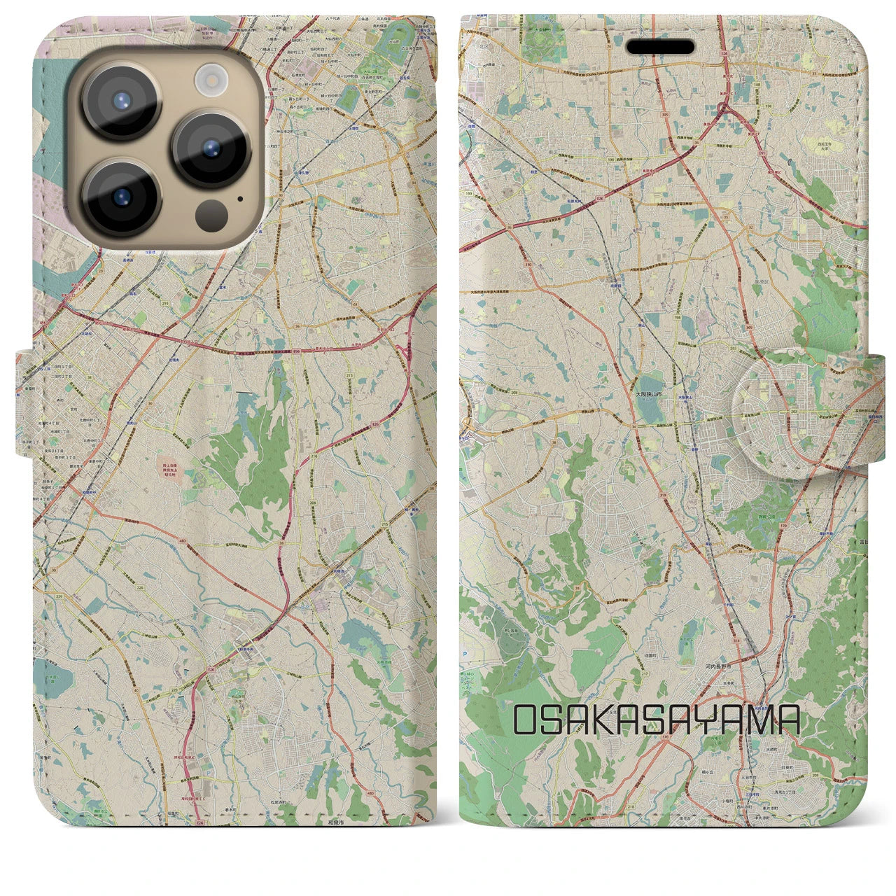 【大阪狭山】地図柄iPhoneケース（手帳両面タイプ・ナチュラル）iPhone 14 Pro Max 用