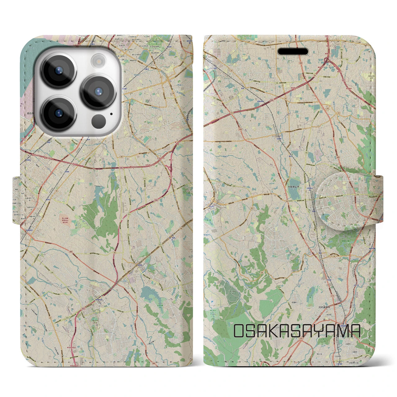 【大阪狭山】地図柄iPhoneケース（手帳両面タイプ・ナチュラル）iPhone 14 Pro 用