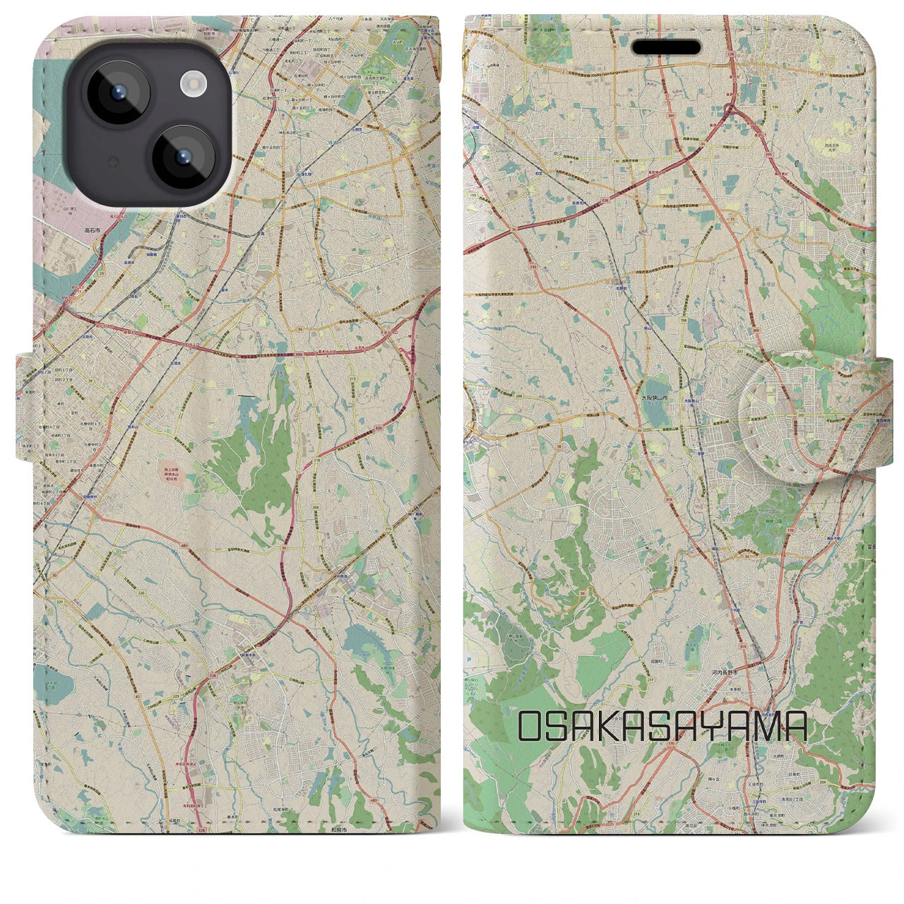 【大阪狭山】地図柄iPhoneケース（手帳両面タイプ・ナチュラル）iPhone 14 Plus 用