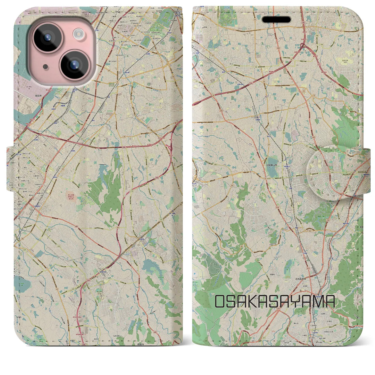 【大阪狭山】地図柄iPhoneケース（手帳両面タイプ・ナチュラル）iPhone 15 Plus 用