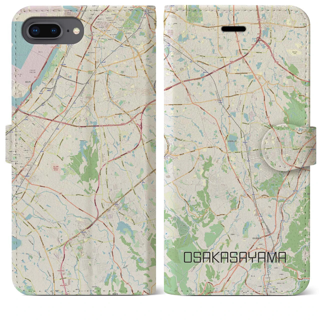 【大阪狭山】地図柄iPhoneケース（手帳両面タイプ・ナチュラル）iPhone 8Plus /7Plus / 6sPlus / 6Plus 用