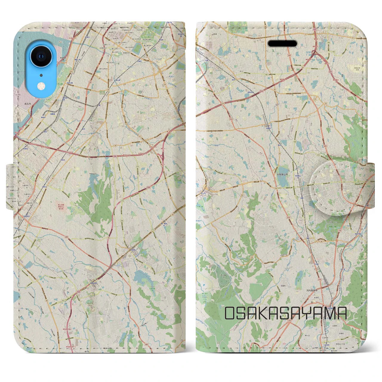 【大阪狭山】地図柄iPhoneケース（手帳両面タイプ・ナチュラル）iPhone XR 用