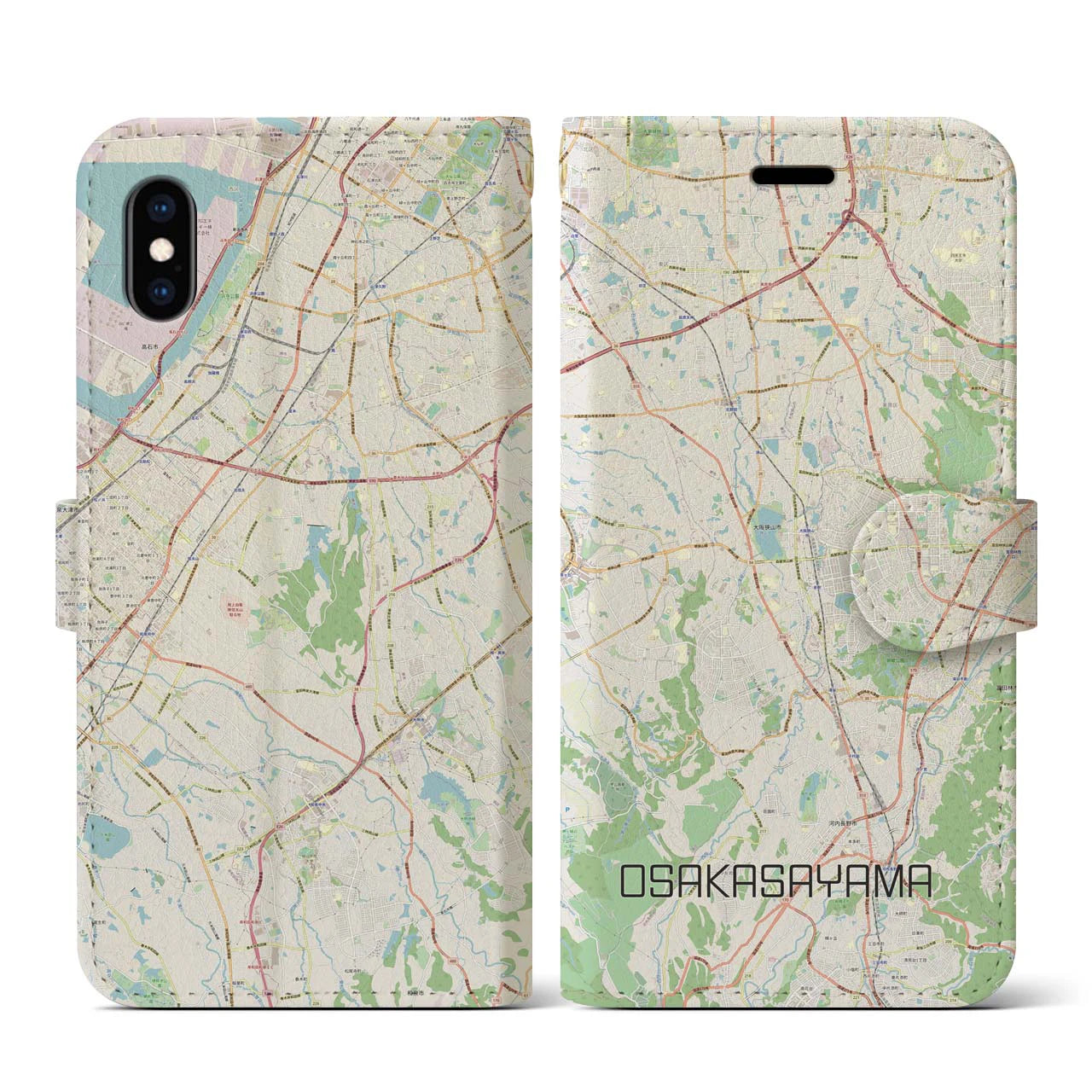 【大阪狭山】地図柄iPhoneケース（手帳両面タイプ・ナチュラル）iPhone XS / X 用