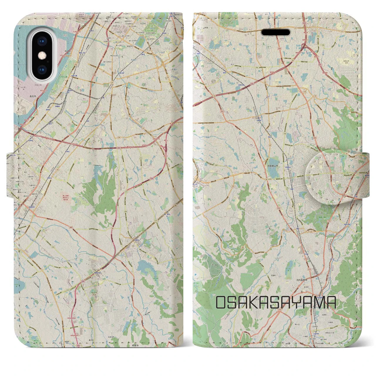 【大阪狭山】地図柄iPhoneケース（手帳両面タイプ・ナチュラル）iPhone XS Max 用