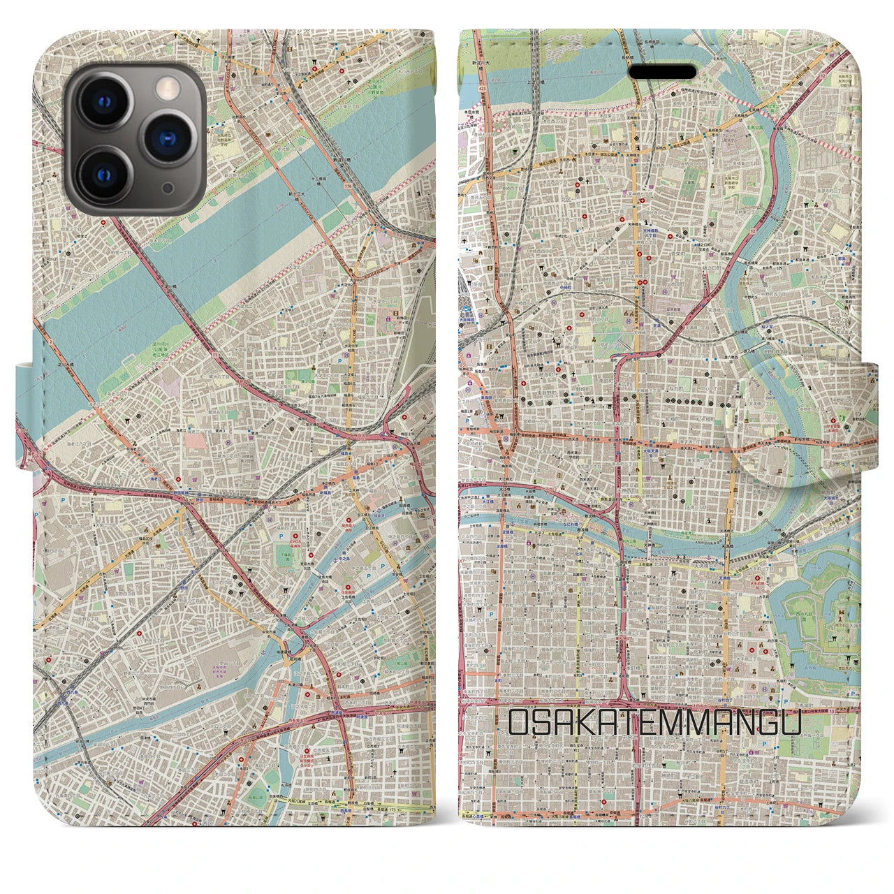 【大阪天満宮】地図柄iPhoneケース（手帳両面タイプ・ナチュラル）iPhone 11 Pro Max 用