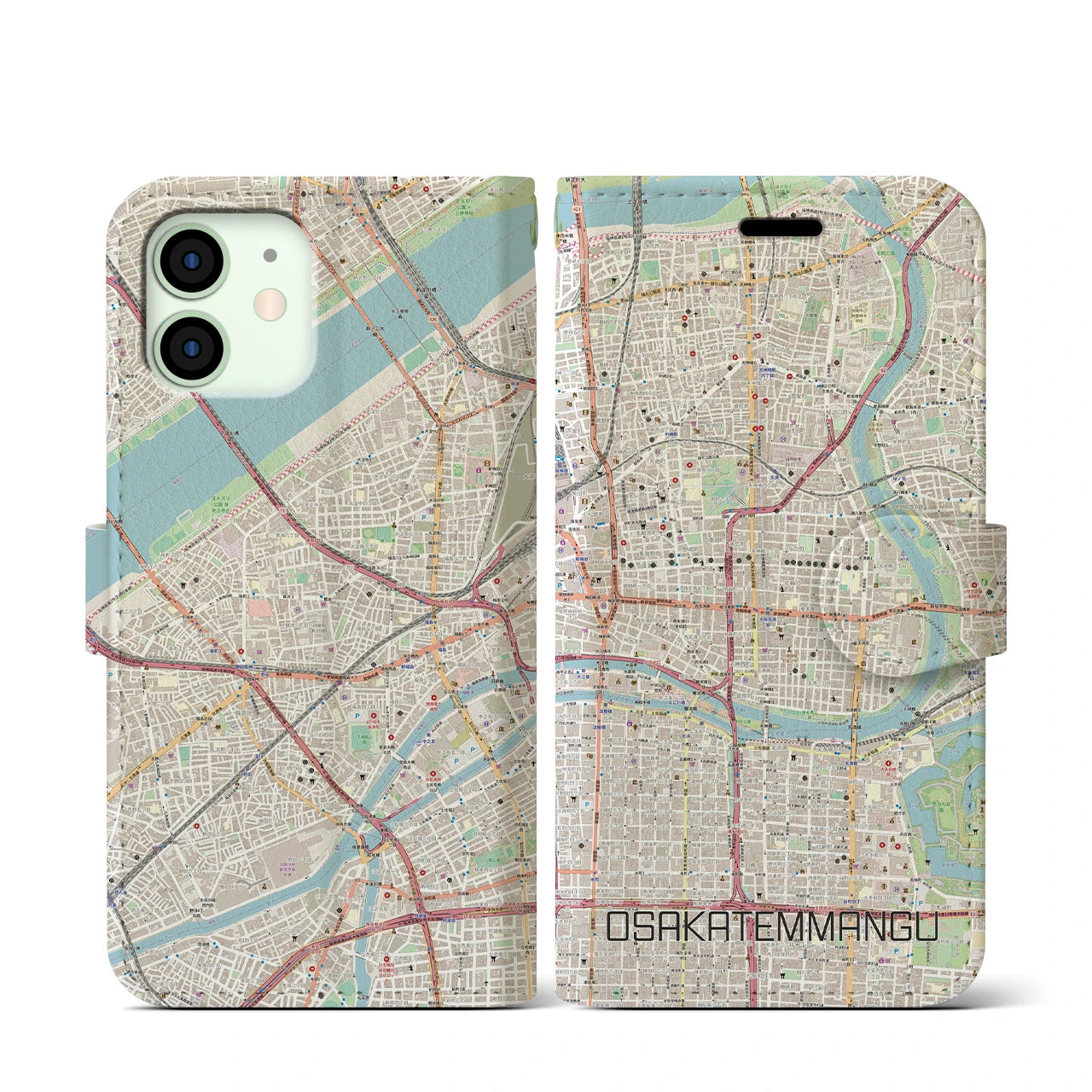 【大阪天満宮】地図柄iPhoneケース（手帳両面タイプ・ナチュラル）iPhone 12 mini 用