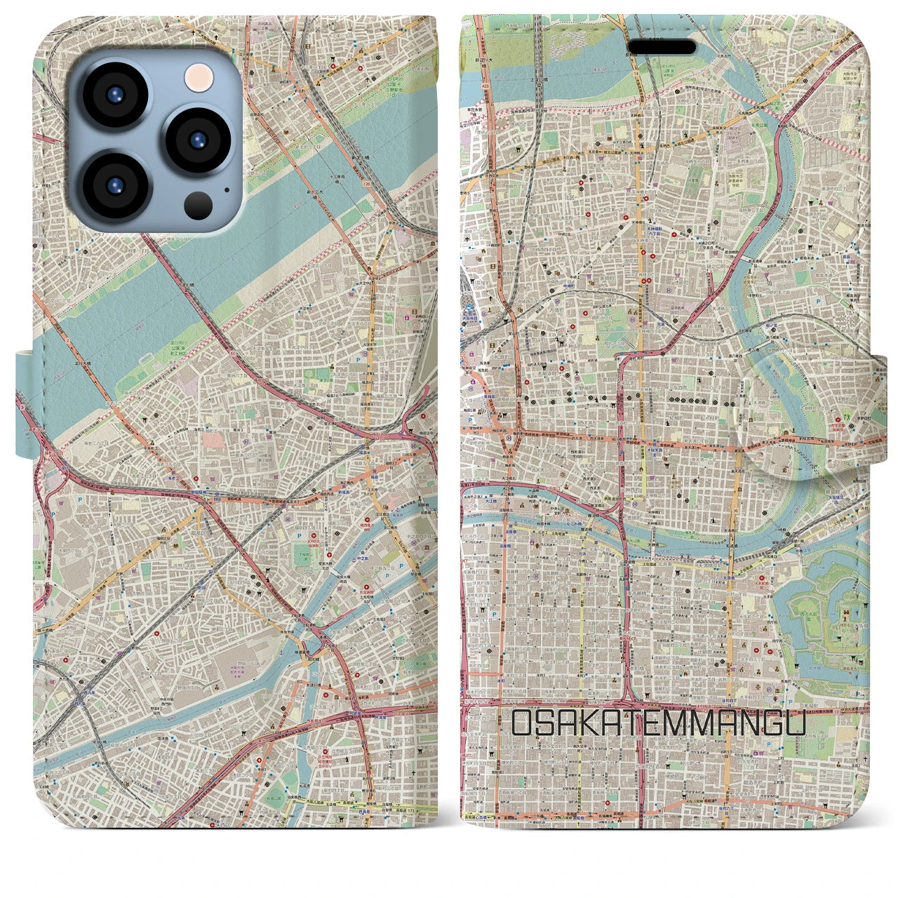 【大阪天満宮】地図柄iPhoneケース（手帳両面タイプ・ナチュラル）iPhone 13 Pro Max 用