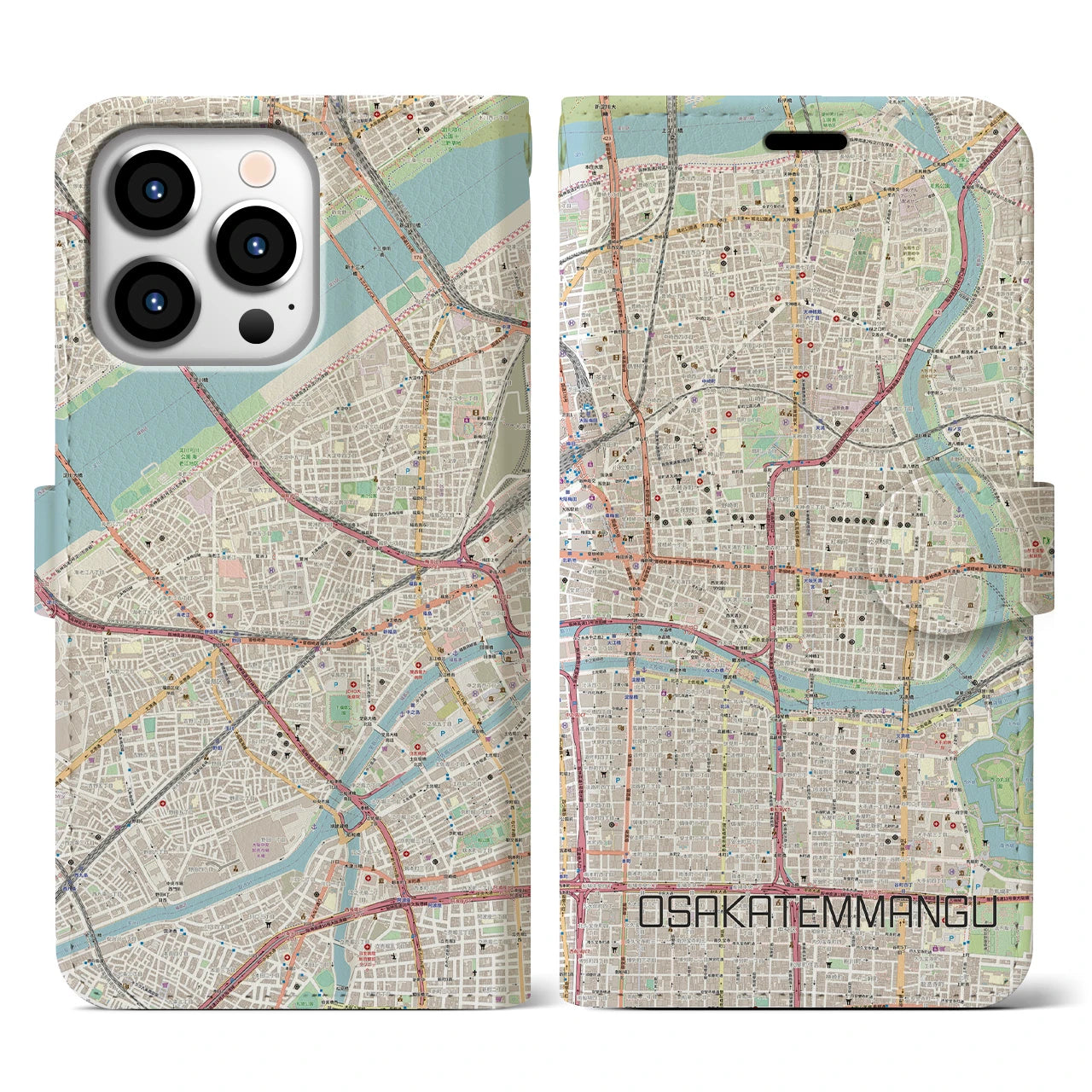 【大阪天満宮】地図柄iPhoneケース（手帳両面タイプ・ナチュラル）iPhone 13 Pro 用
