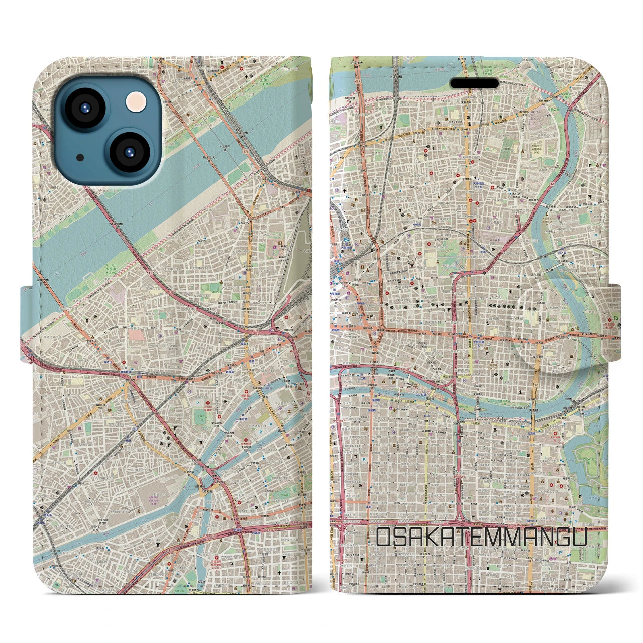 【大阪天満宮】地図柄iPhoneケース（手帳両面タイプ・ナチュラル）iPhone 13 用