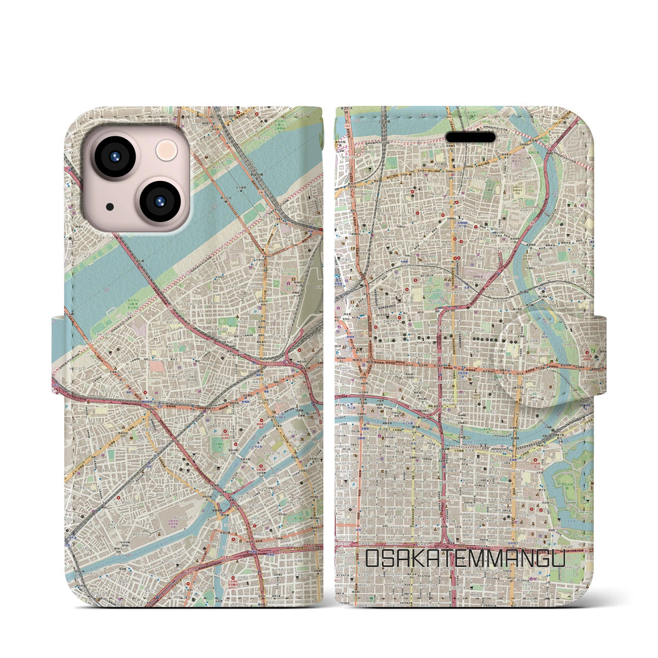 【大阪天満宮】地図柄iPhoneケース（手帳両面タイプ・ナチュラル）iPhone 13 mini 用