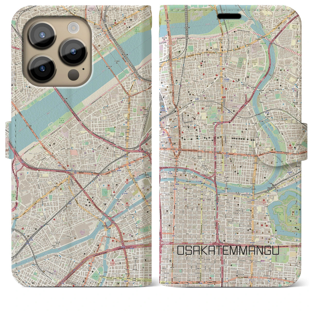 【大阪天満宮】地図柄iPhoneケース（手帳両面タイプ・ナチュラル）iPhone 14 Pro Max 用