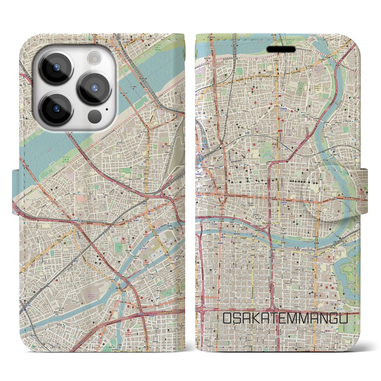 【大阪天満宮】地図柄iPhoneケース（手帳両面タイプ・ナチュラル）iPhone 14 Pro 用