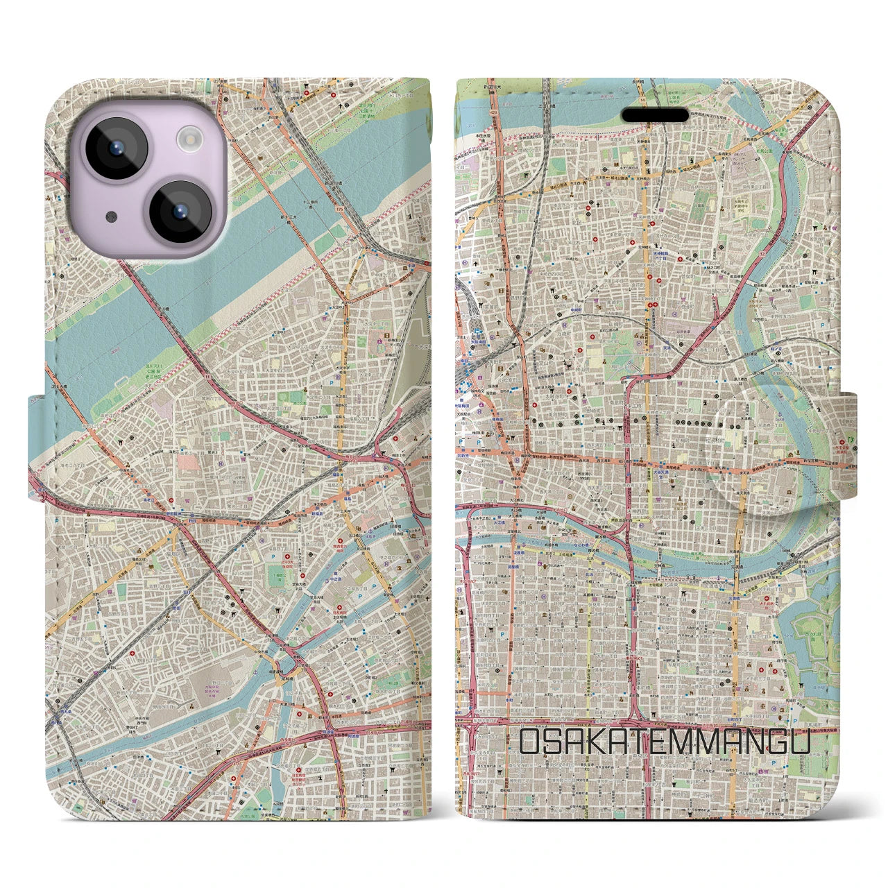 【大阪天満宮】地図柄iPhoneケース（手帳両面タイプ・ナチュラル）iPhone 14 用