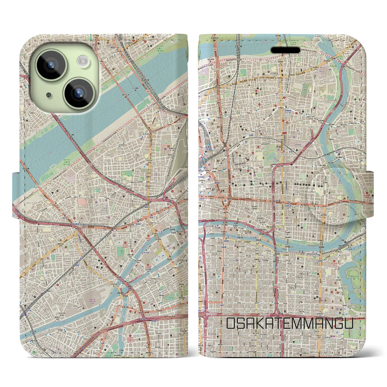 【大阪天満宮】地図柄iPhoneケース（手帳両面タイプ・ナチュラル）iPhone 15 用