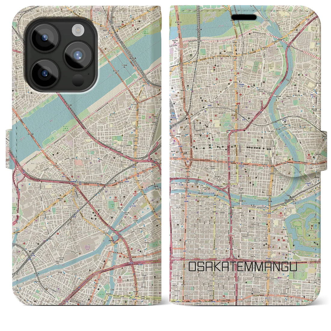 【大阪天満宮】地図柄iPhoneケース（手帳両面タイプ・ナチュラル）iPhone 15 Pro Max 用
